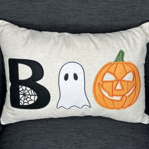 Halloween BOO Throw Accent Pillow Applique Spider Web Pumpkin Ghost - Picture 1 of 6